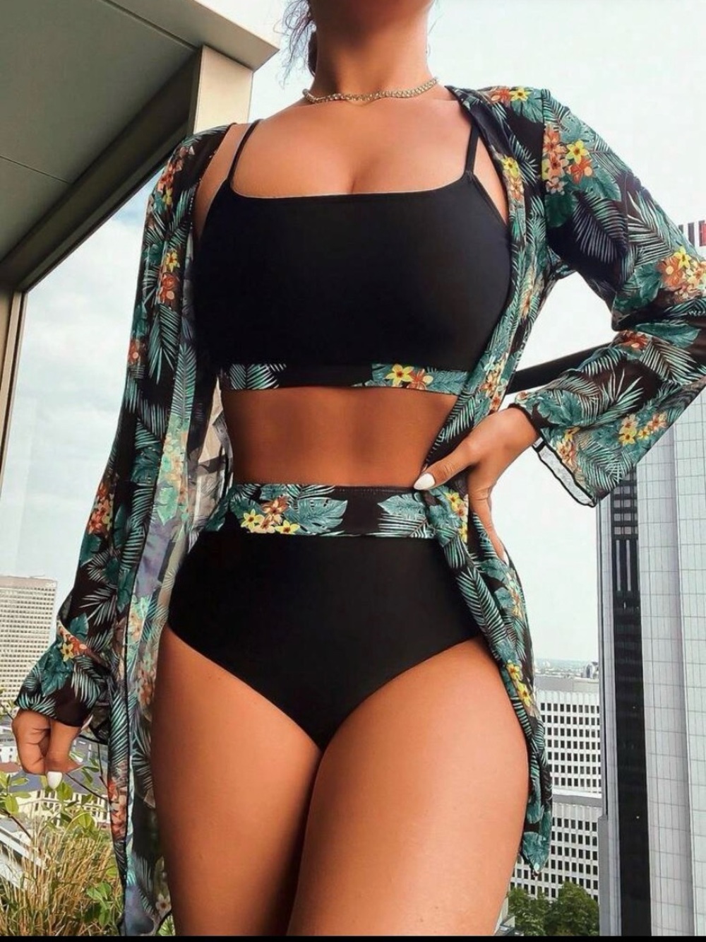 NWOT 3 PCS Black High-Waist Bikini Set with Tropical Print Trim